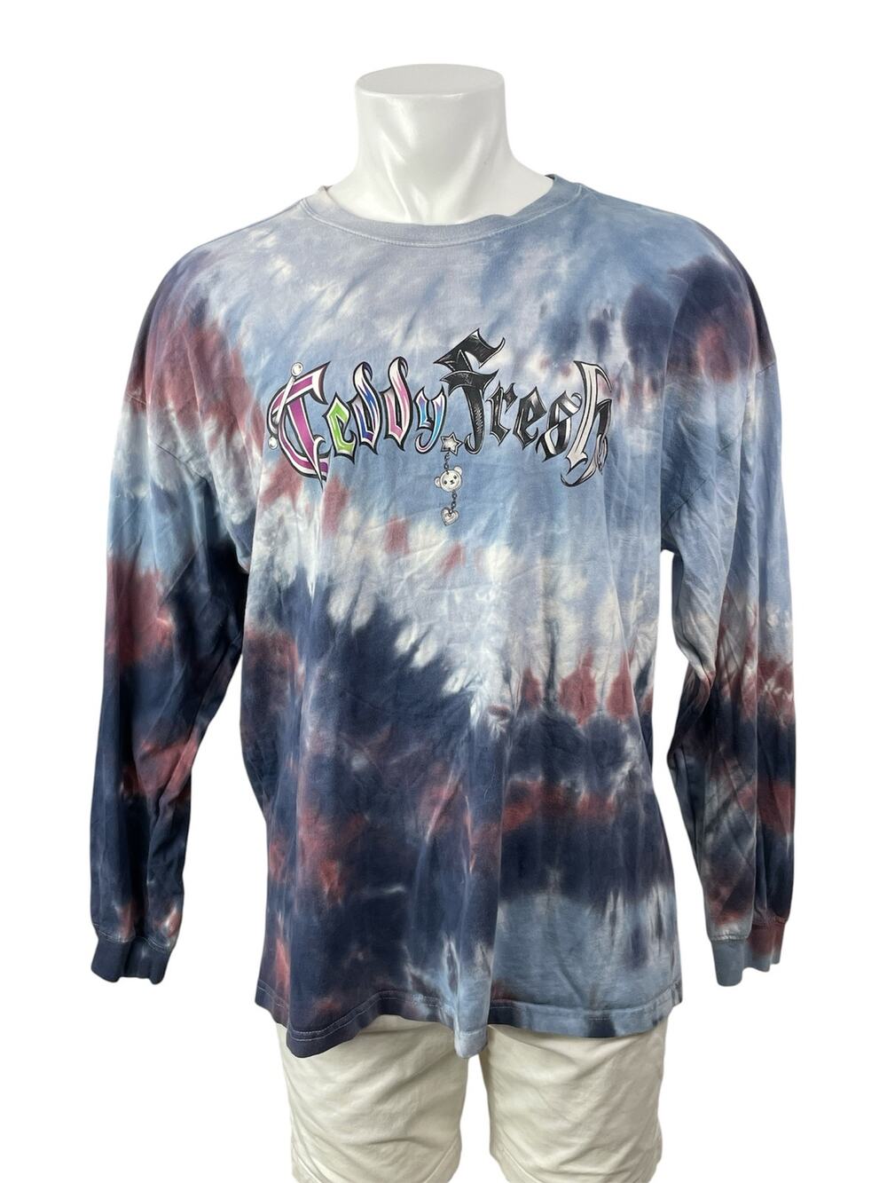Teddy Fresh Men's Blue Tie Dye Long Sleeve Graphic Crew T Shirt Tee Top Size L
